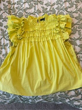Smocked Flutter Sleeve Yellow/Green Top